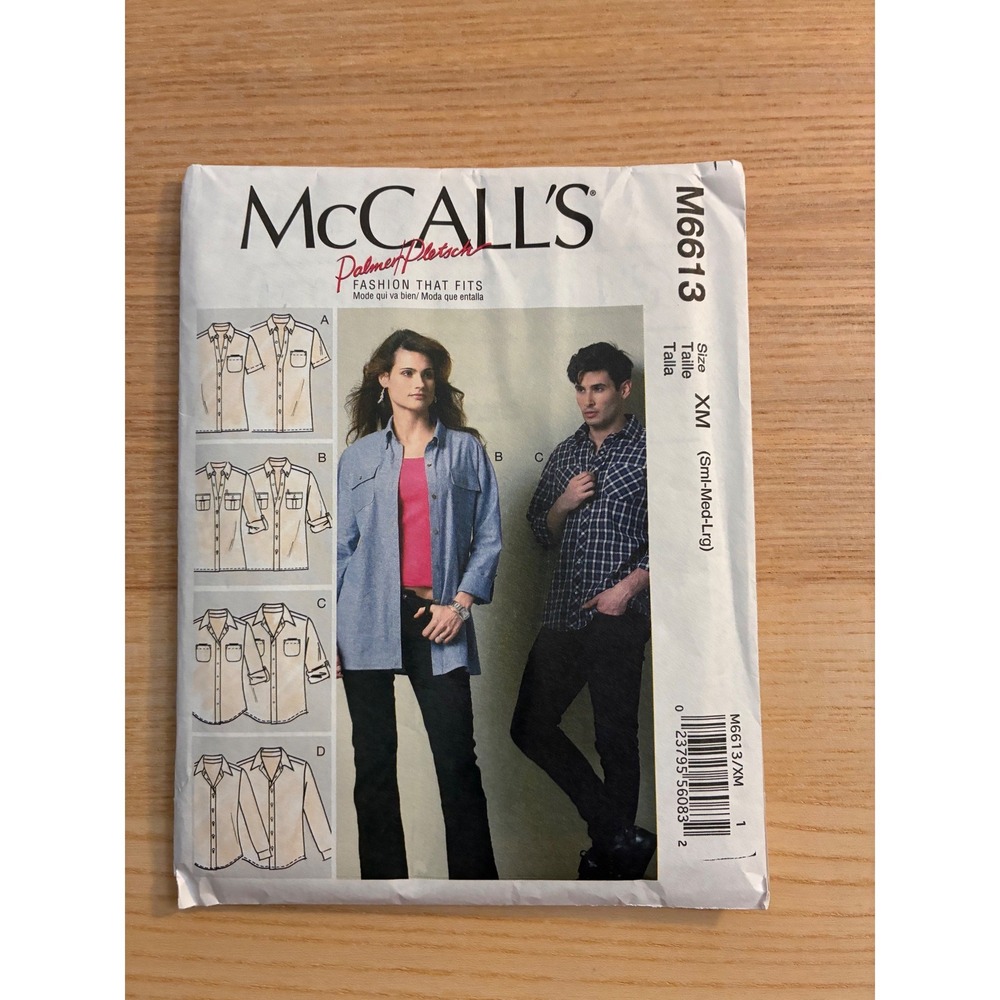 McCalls M6613 Palmer Pletsch Mens Misses Fitted Shirt Sewing Pattern Size S-M-L